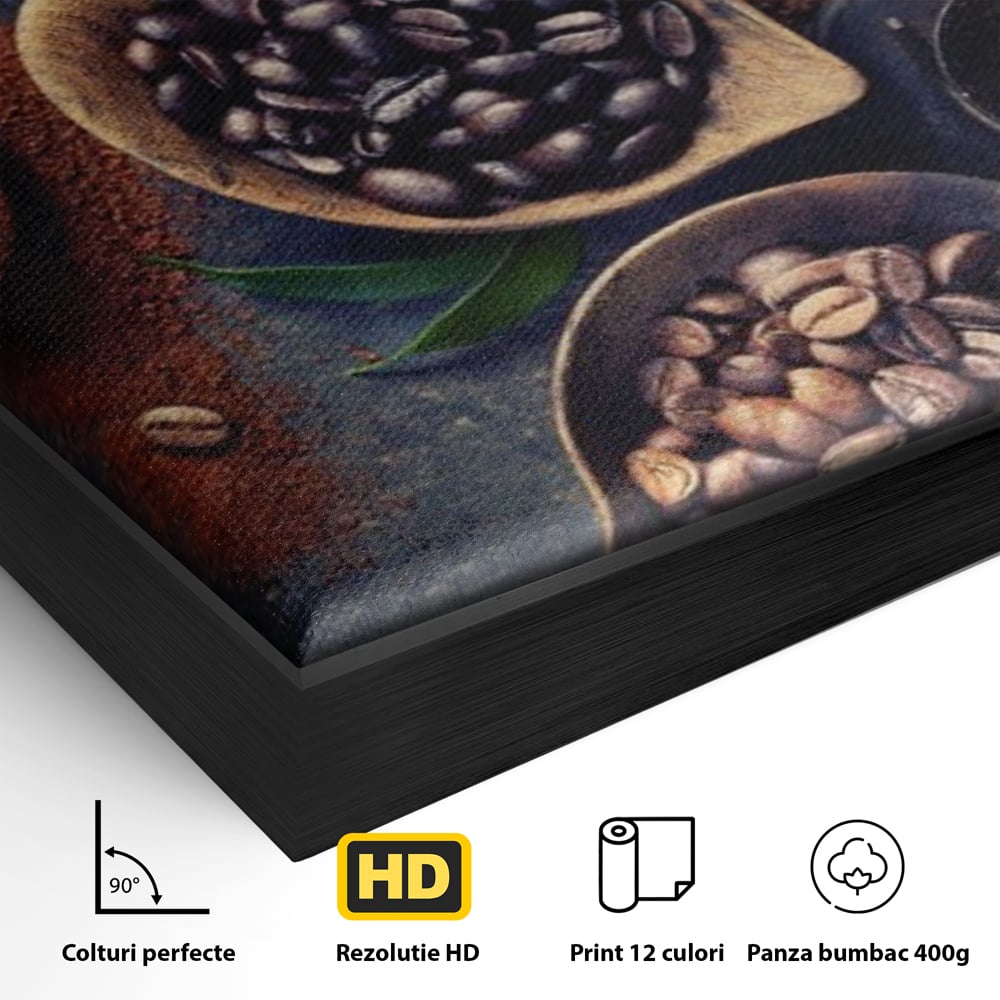 Detaliu al suprafetei: tablou cu boabe de cafea in linguri de lemn, in rama de aluminiu negru